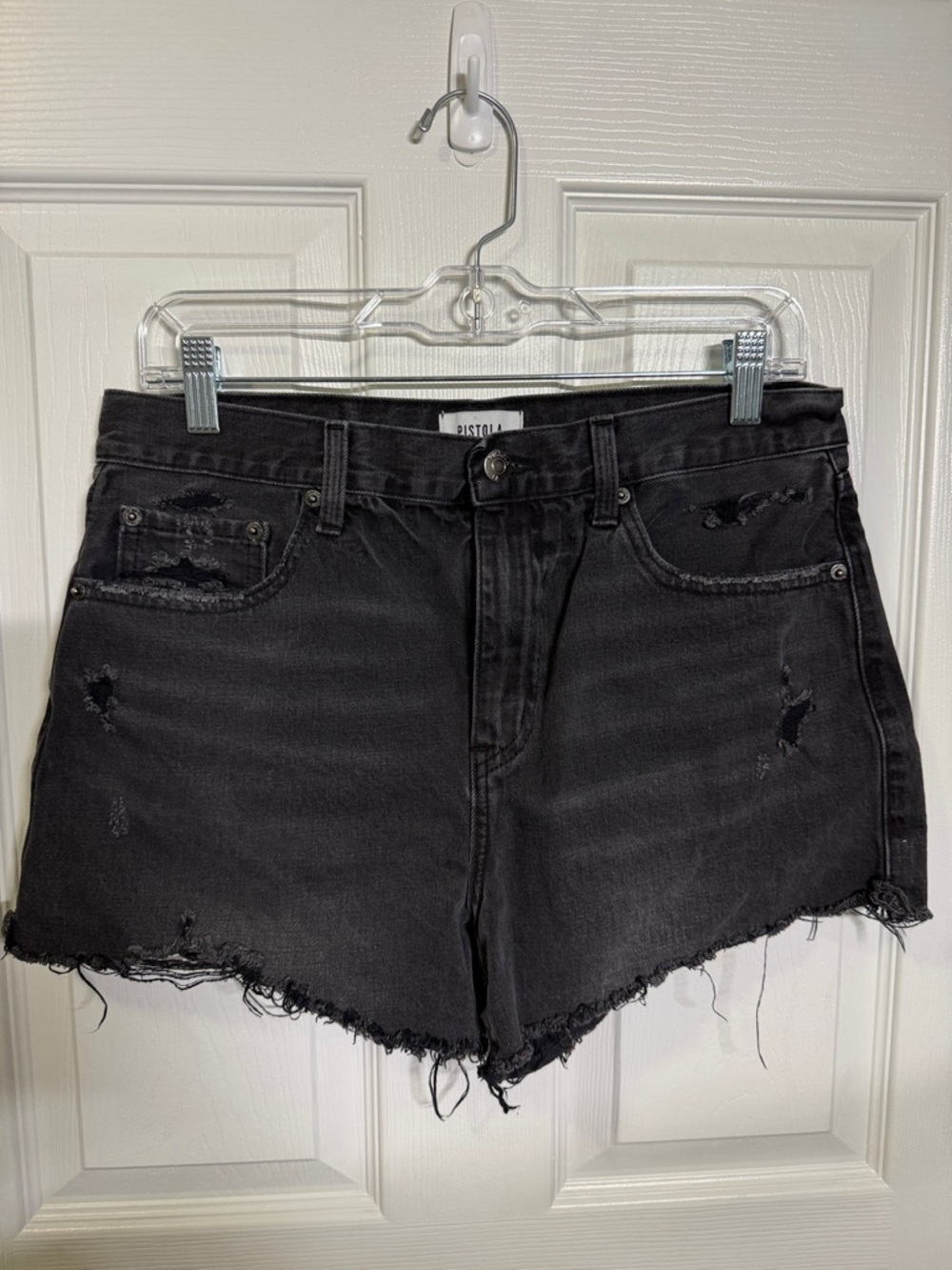 pistola Washed Black Distressed Denim Shorts